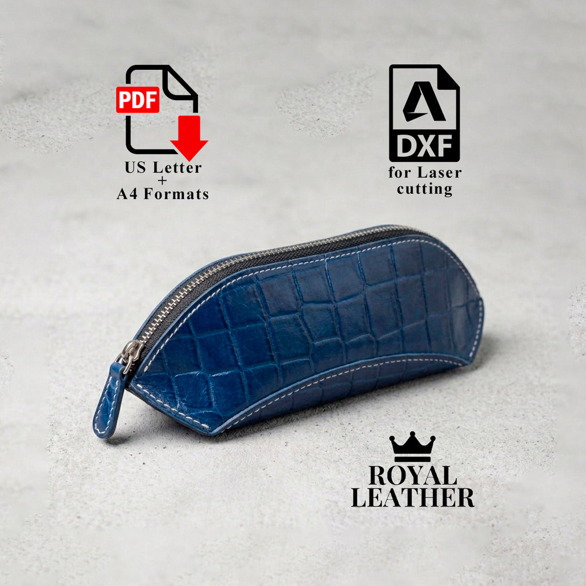 Blue crocodile-embossed leather pencil case with a zippered closure, displayed from a front-angle perspective.